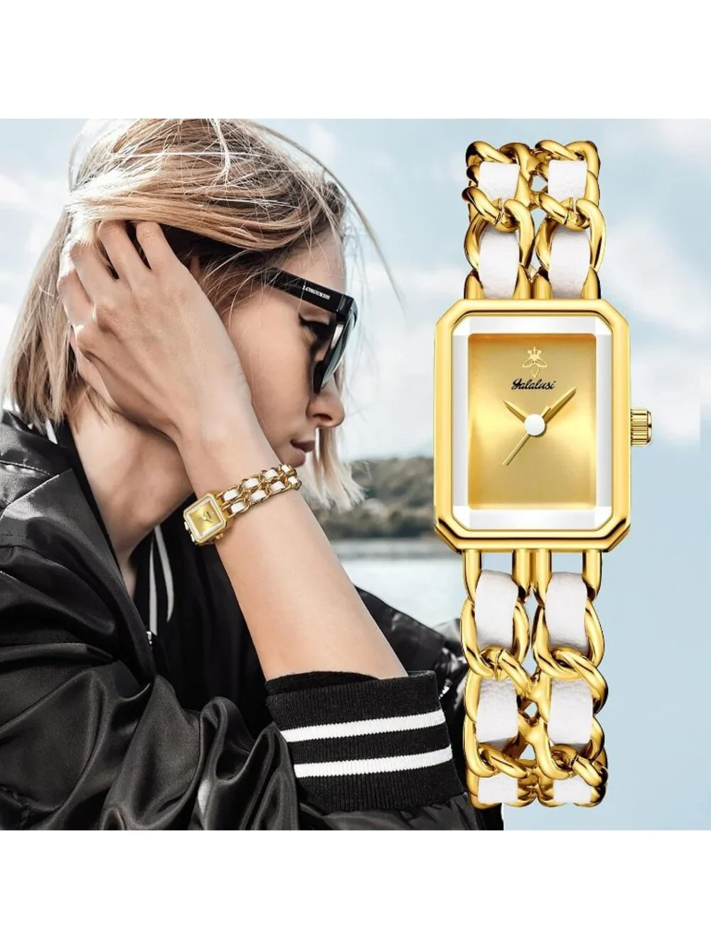 Women's White Gold Square Adjustable Chain Braid Band Quartz Retro Wrist Watch